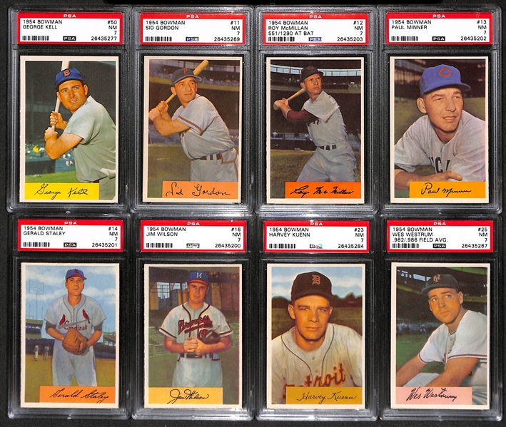 Lot of 8 High Grade (All PSA 7) 1954 Bowman Baseball Cards inc. George Kell and Kuenn Rookie